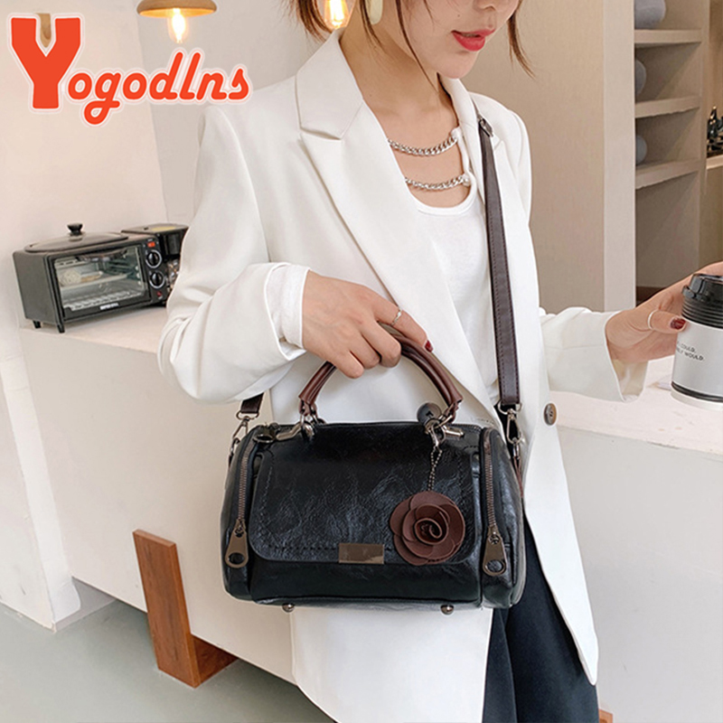 Yogodlns Fashion Flowers Pendant Handbag Women's Boston Bags Large Capacity Shoulder Bag Ladies Crossbody Bag PU Messenger Bag