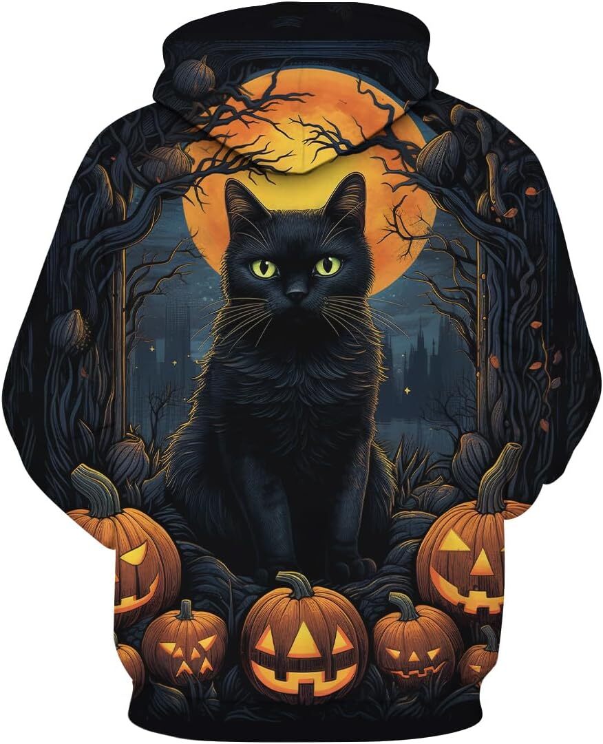 Hoodie for Mens Womens Mens Halloween Printed Hoodie Pumpkin Black Cat Graphic Pullover Shirt Casual Long Sleeve Sweatshirt Graphic Trendy black cat p
