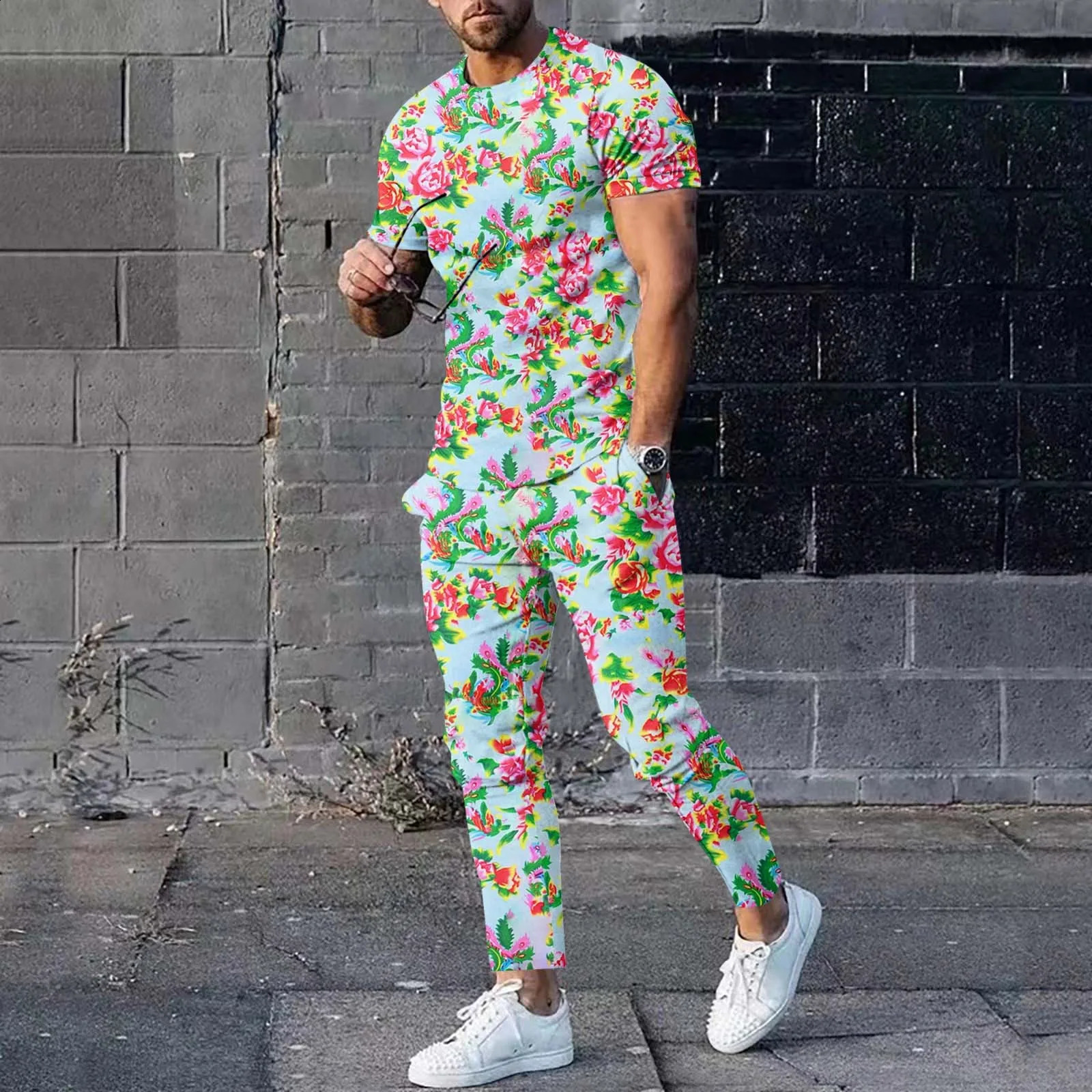 Men Spring Summer Northeast Big Flower Short Sleeve T Shirt and Pants Chinese Fashion Ethnic Style Mens Clothing Set 240401