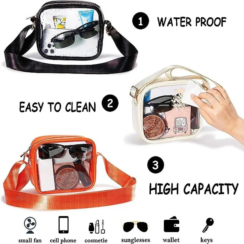 Transparent PVC cross shaped bag fashionable casual waterproof womens shoulder bag simple phone key bag square bag 241106