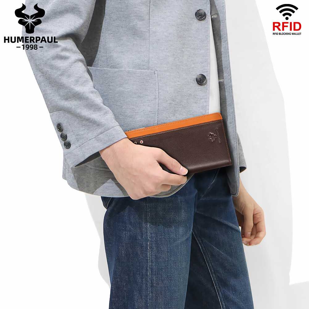 HUMERPAUL Genuine Leather Men's Wallet RFID Credit Card Holder with Passport Cover Business Long Cell Phone Clutch Purse