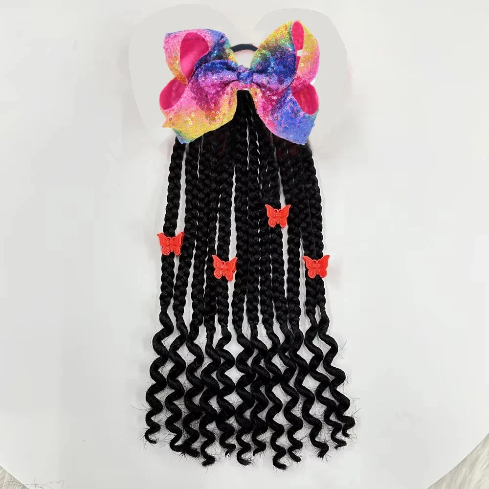 2 Packs Kids Ponytail Braids Hair ExtensionWith Curly Ends Detachable Synthetic Hairpieces With Bows Protective 241107