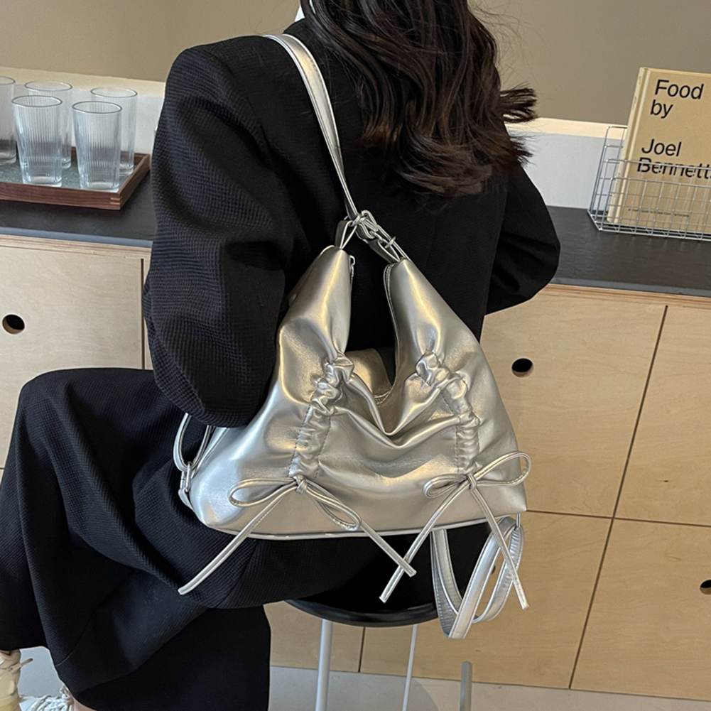 Women Fashion Crossbody Bag with Bow Daily Tote Handbag Adjustable Strap Solid Color Backpack Female Dating Bag
