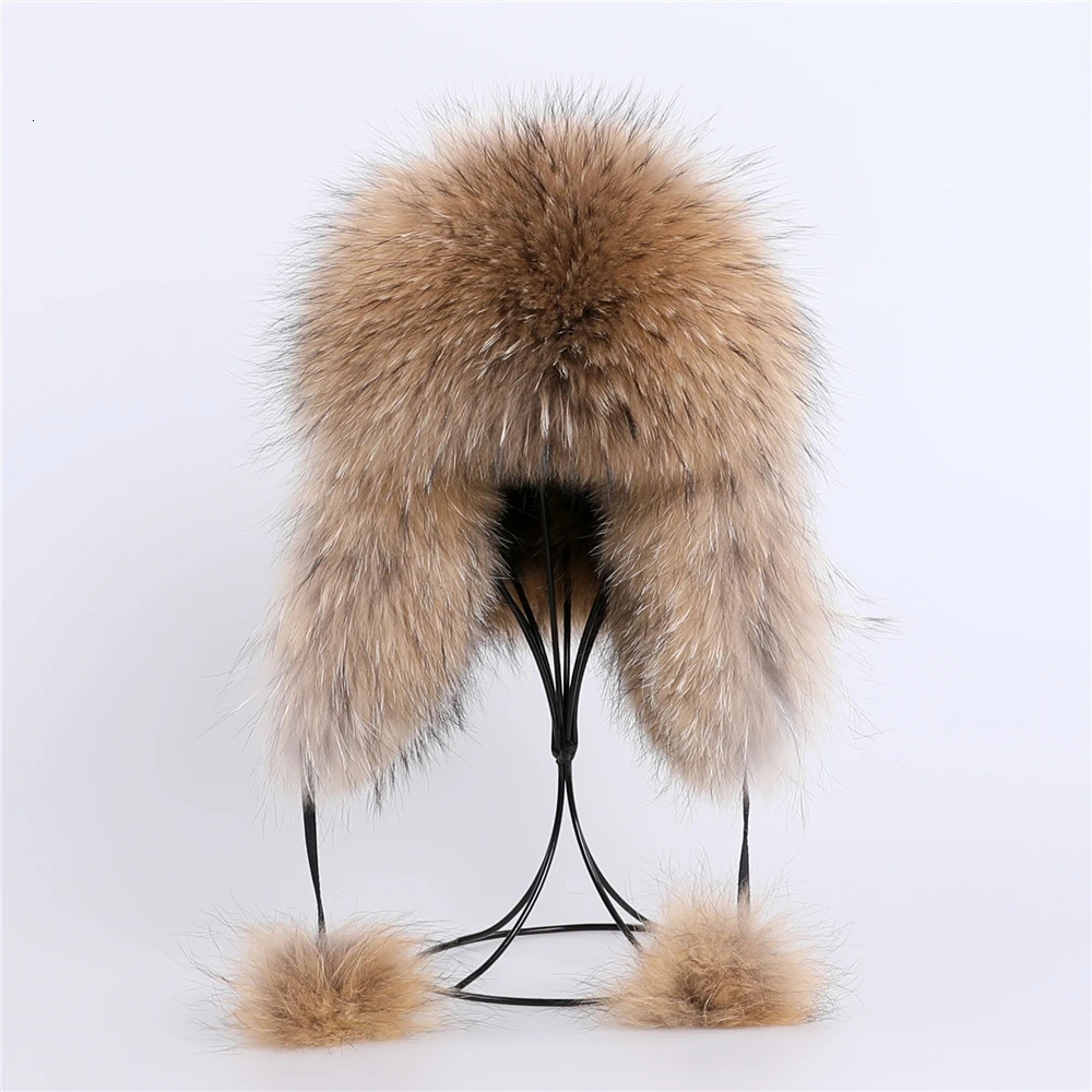 100% real fox fur hat womens Russian Usanka pilot hunter ski hat winter raccoon fur bomber hat 241106