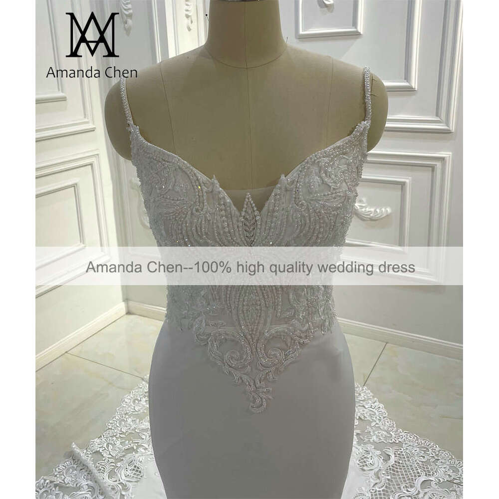 Beach Casual Spaghetti Straps Lace Appliqued Simple Wedding Dress
