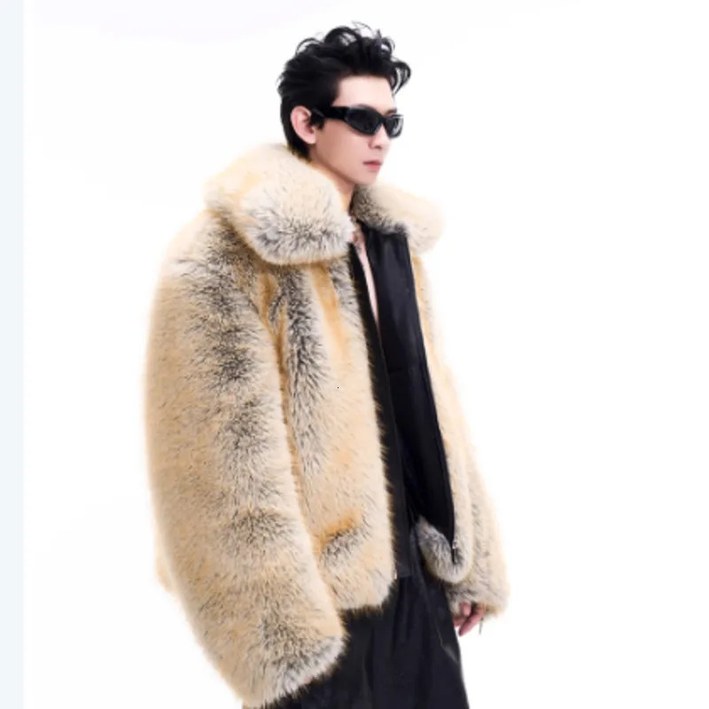 FEWQ mens faux mink fur thick coat winter item niche lapel zipper long sleeved fashionable mens casual wool coat 24E5004 241107