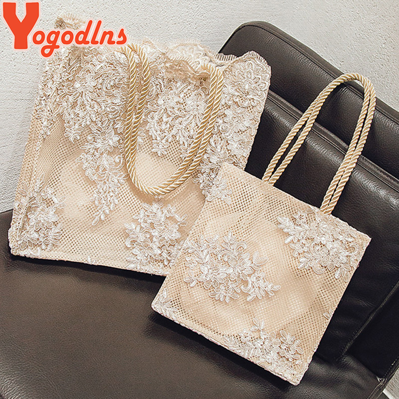 Yogodlns Lace Embroidery Handbag Women Large Capacity Shoulder Bag Elegant Lady Handle Bag New Trend Beach Bag Shopping Wallet