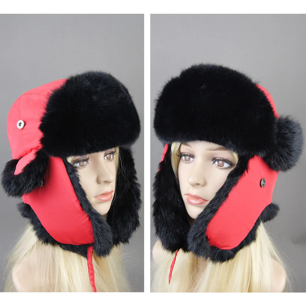 Womens winter real rabbit fur hat windproof super bomber natural soft warm hat earmuffs mens flat Russian style pilot hat 241106