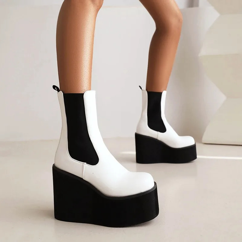 Platform Wedge Heels Runway Womens Ankle Boots Slope Heel Thick Sole Slip-on Chelsea Boots Black White Motorcyle Booties 42 43 241106