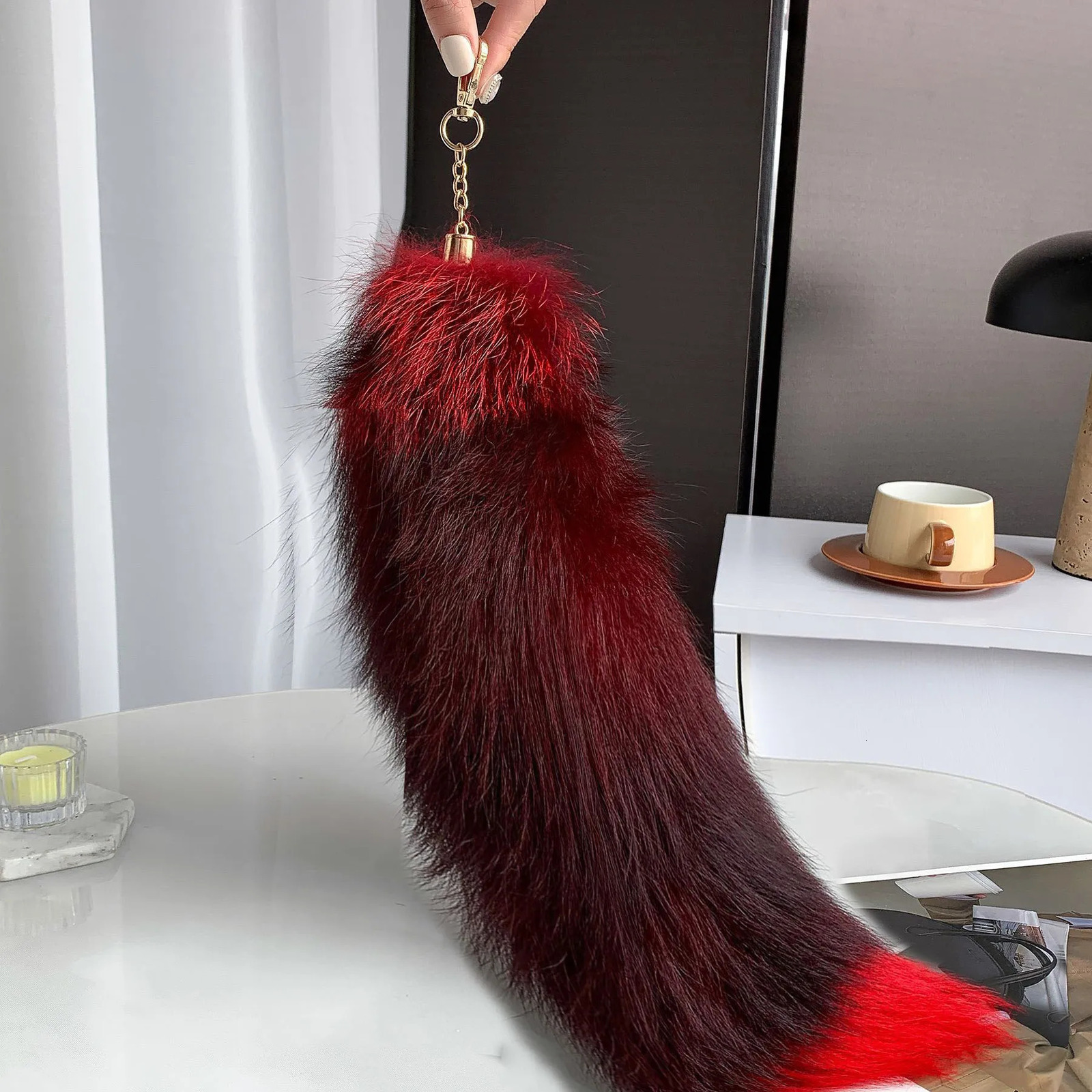 40cm large fox tail keychain woven tail fur tassel bag charm label black and brown Pom charm keychain fluffy real fur keychain 241107