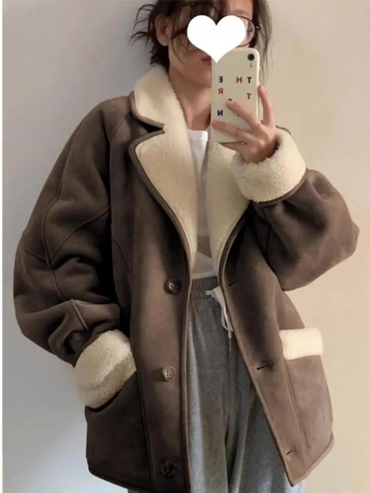 Korean version womens khaki patch work elegant wool cotton jacket winter brown long sleeved single chest loose jacket 241107