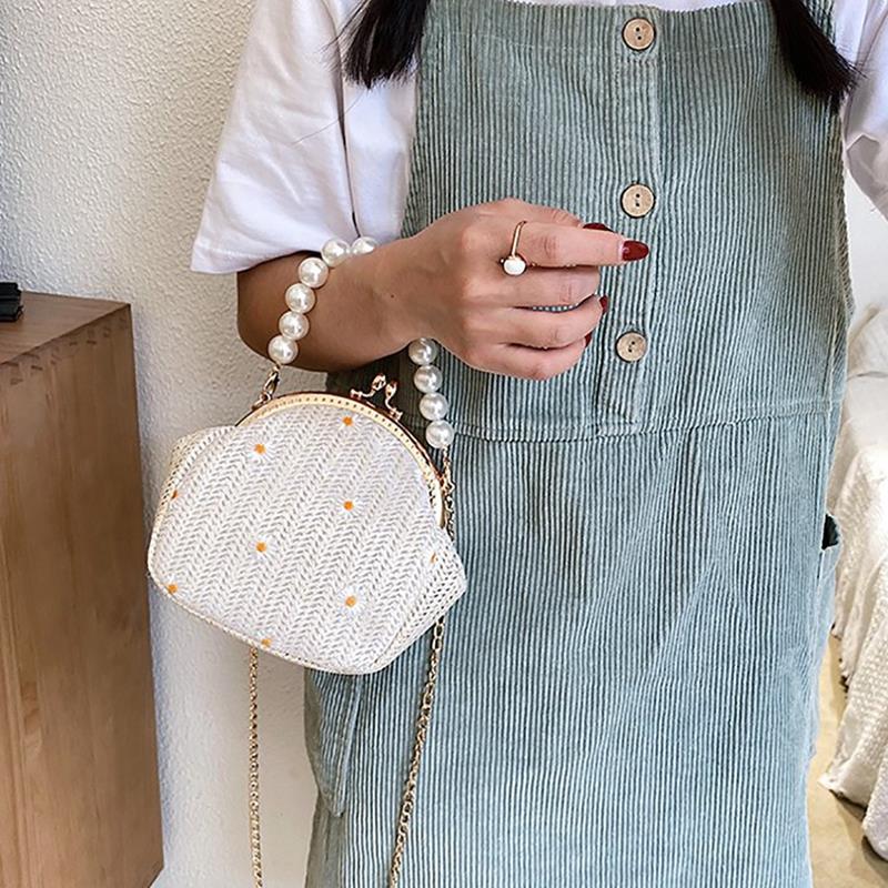 Floral Fake Pearl Top Handle Rattan Bag Shoulder Bag Small Beach HandBags Women Summer Messenger Crossbody Bags