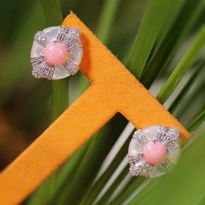 Pink sea shell earrings white 925 sterling silver cubic zirconia cute and romantic womens gift elegant wedding party 241106