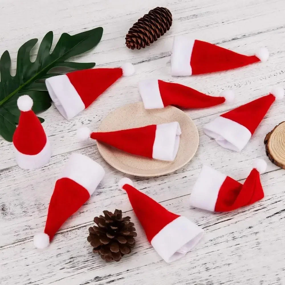 Mini Christmas hat velvet wine bottle cap lollipop cap Christmas cutlery rack hat wrapping Christmas party table decoration gift 241106