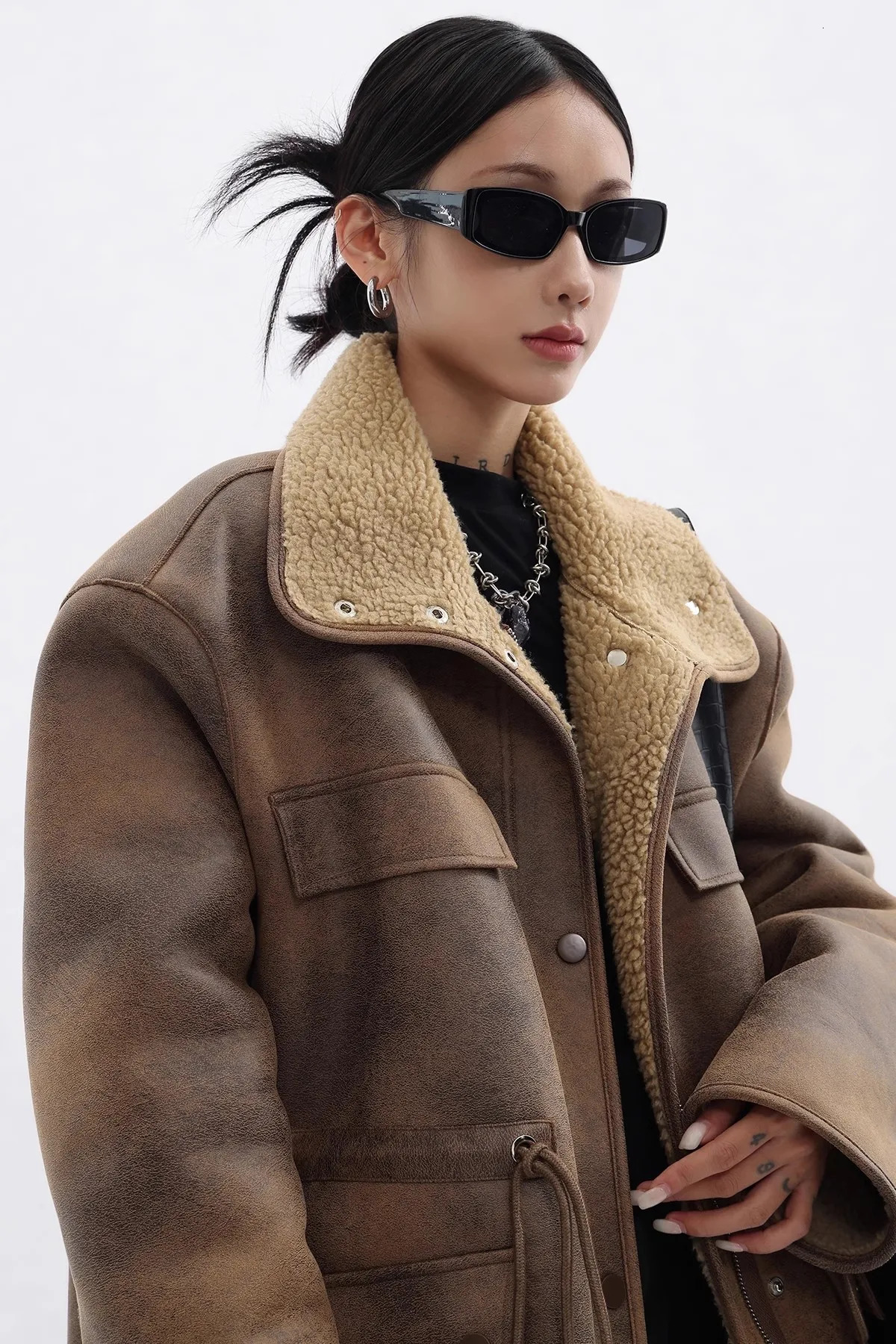 REDDACHIC Lambswool wool reversible leather jacket womens denim brown oversized bomber jacket motorcycle warm winter jacket 241107