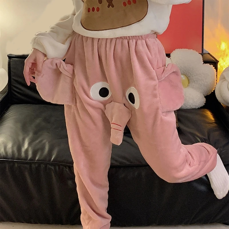 Cartoon 3D Elephant Luggage Pattern Womens Sleepwear Winter Warm Flannel Sleepwear Loose Pants 241106