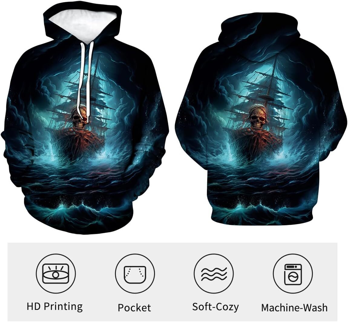 Hoodie for Mens Womens Funny Pirate Hoodie Pirate Ship Graphic Sweatshirt Graphic Hoodies sweatshirt Cool blue pirate ship pattern