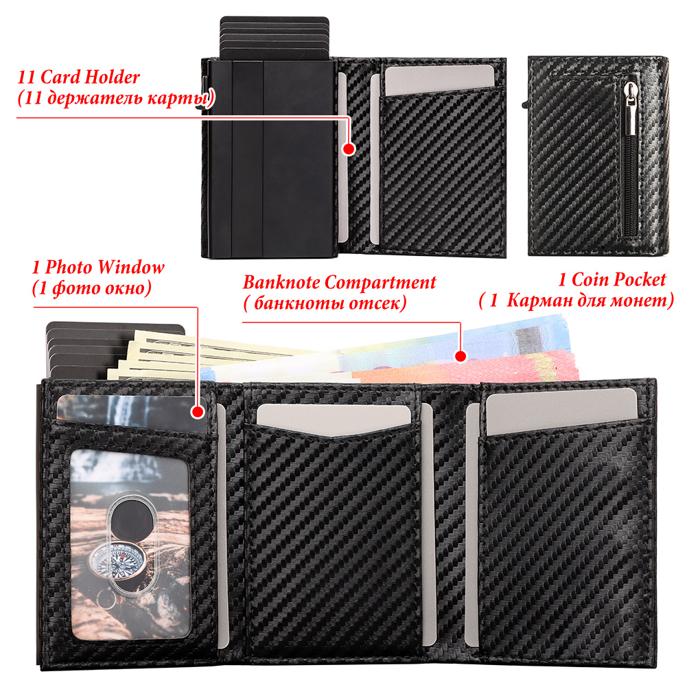 Carbon fiber Men Wallet with Aluminum Card Holder Case RFID Blocking Automatic Pop Up Cardholder Purse Business Male Money Bag