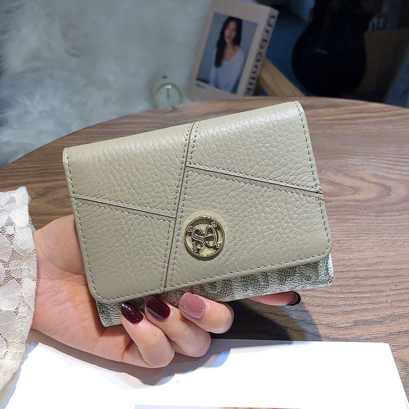 Luxury Style 3-Fold Women Wallet Genuine Leather Short Purse with Patchwork Design, Fashion Letter Print Cowhide Billfold and Compact Card Holder