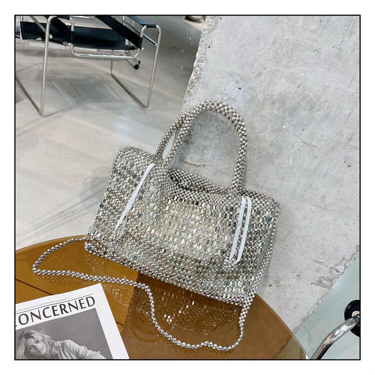 Retro Metal Bling Shiny Bag Hand-Woven Beaded Bag Sequined Pearl Bag Shopping Bag Shoulder Handbag
