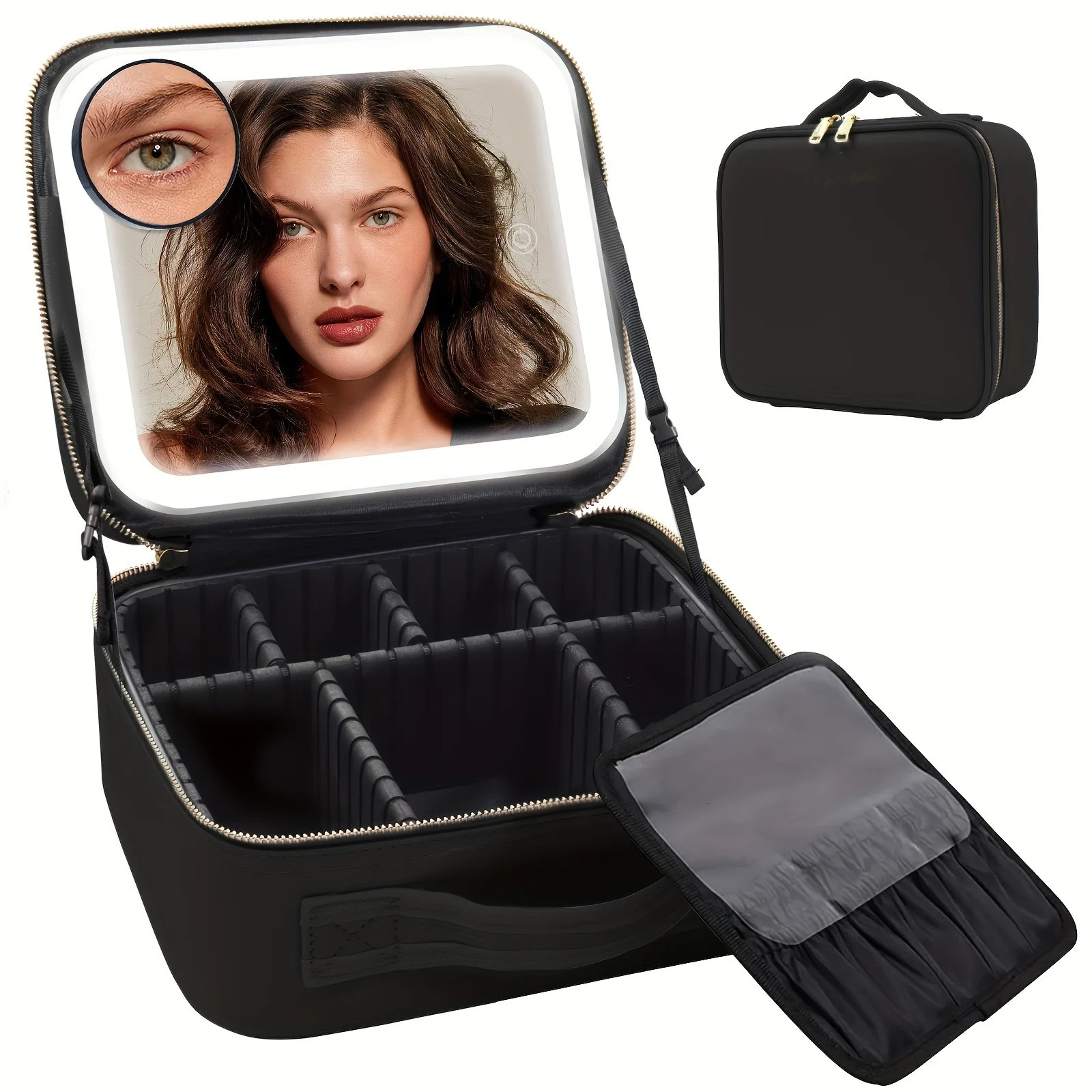 Travel makeup bag with LED light mirror adjustable divider and detachable 10x magnifying glass 241106