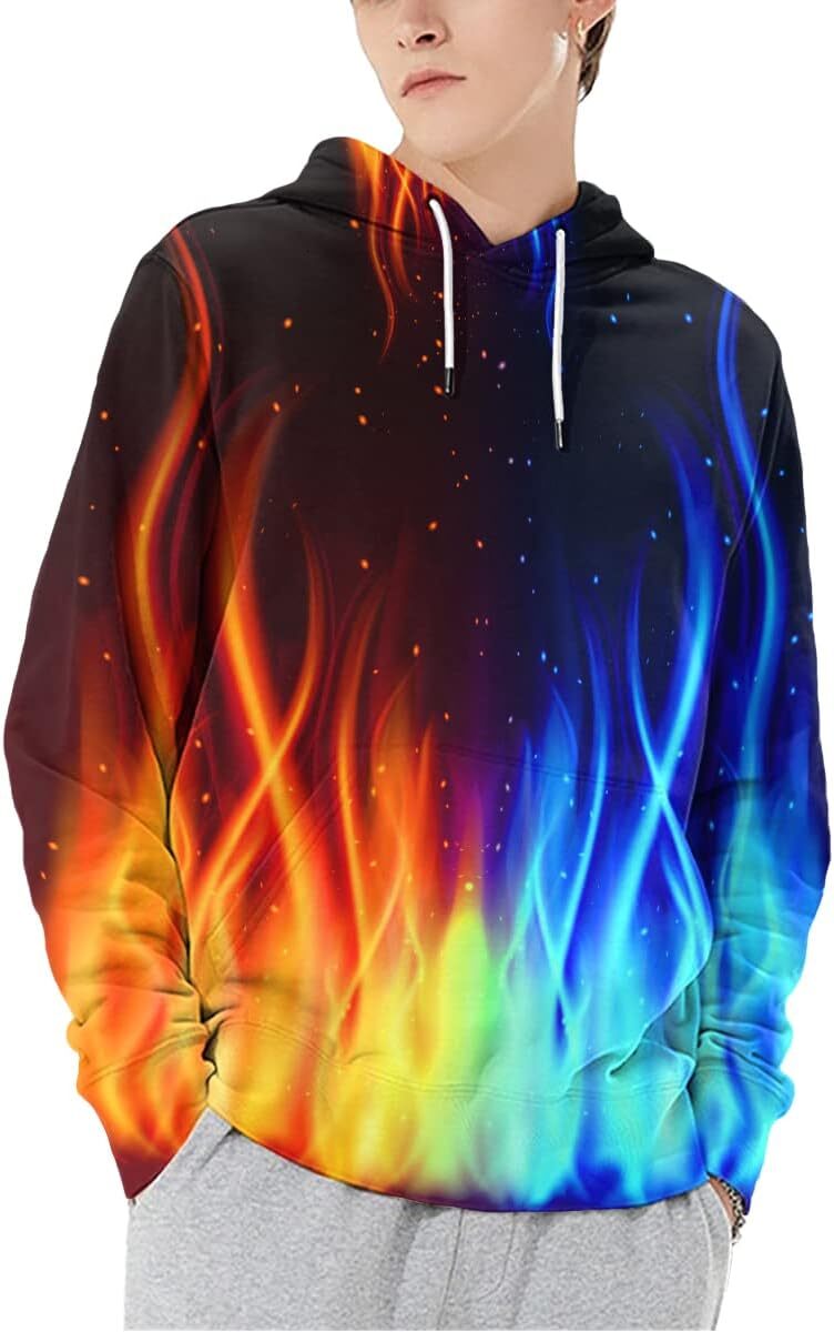 Hoodie for Mens Womens Unisex Graphic Print Hoodies 3D Colorful Novelty Design Long Sleeve Sweaters with Pocket Graphic Cool colored flame pattern