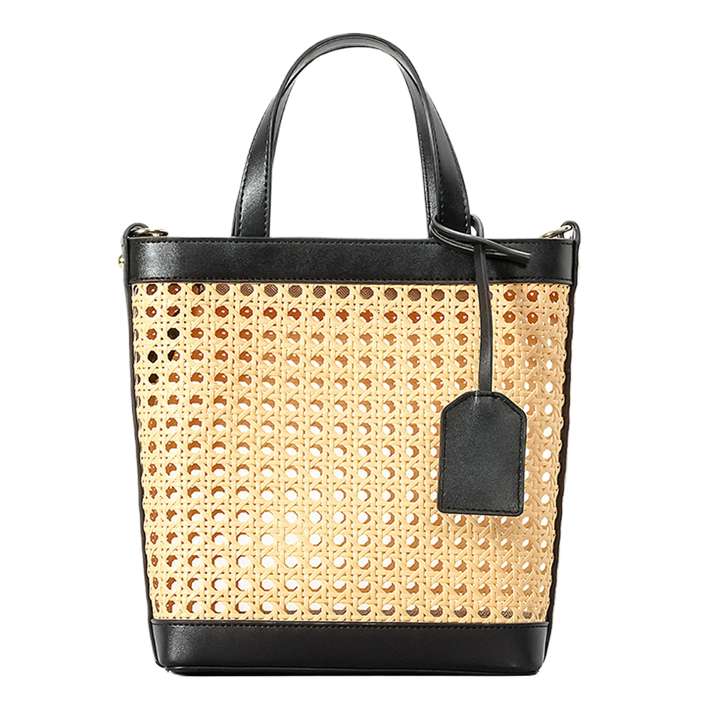 Women Rattan Tote Bag Patchwork Crossbody Bag Adjustable Strap Hollow Out Messenger Bag Zipper Closure for Party Vacation