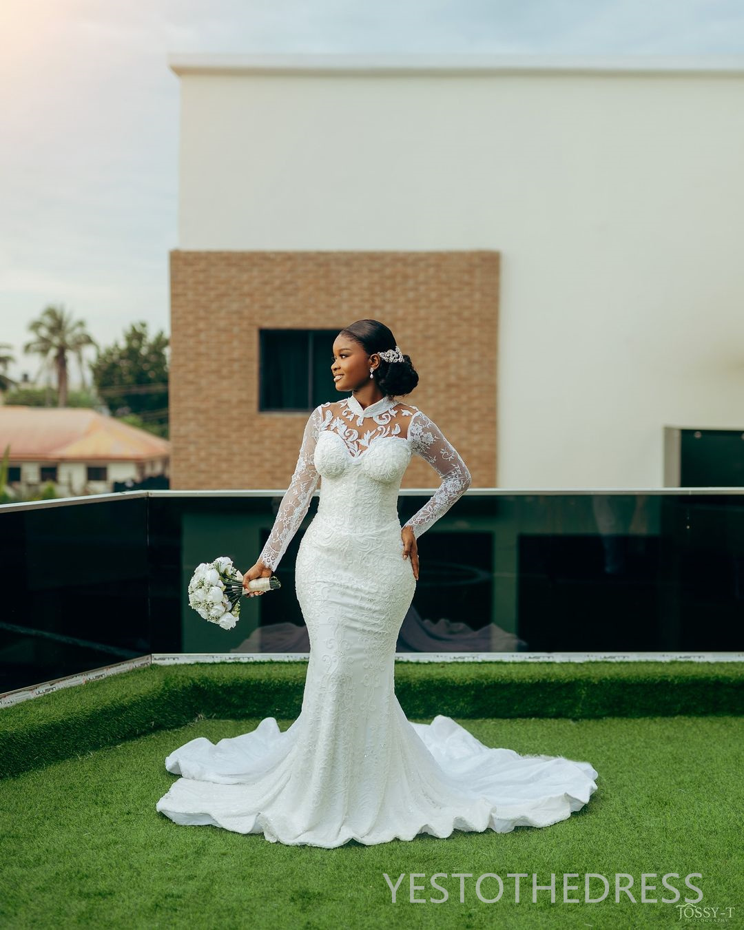 2024 Plus Size Wedding Dresses Bridal Gowns High Neck Long Sleeves Beaded Lace Mermaid Illusion Bridal Gowns For African Black Women D390