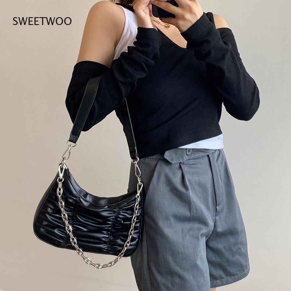 Fashion Solid Color Shoulder Underarm Bag Pleated Pu Leather Vintage Square Bag Street Travel Chain Money Handbags Totes 2021