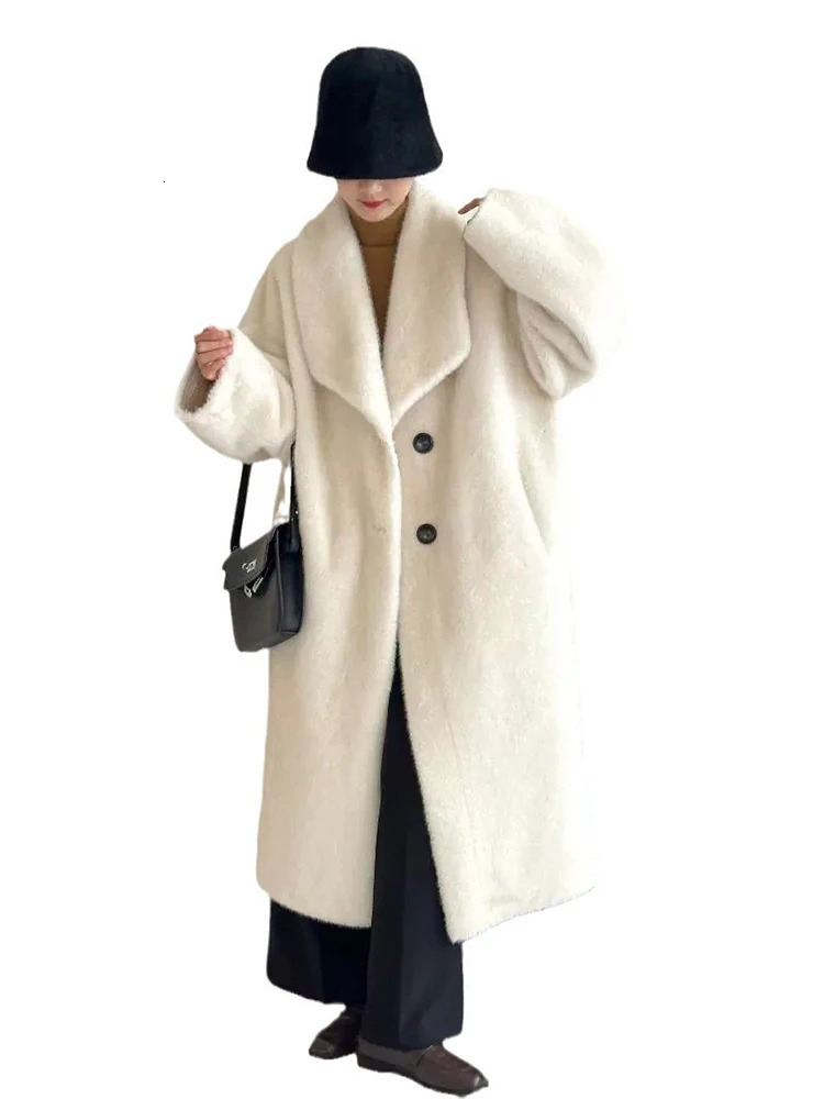 Lanmrem elegant mink coat womens lapel single chest solid color long coat winter clothing 2Z2628 241107