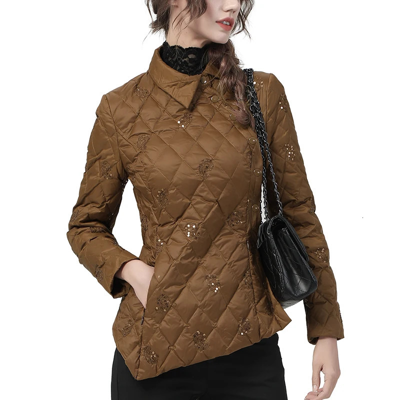 Retro brown embroidered womens winter down jacket ultra-thin irregular side button down sequin warm white duck down jacket 241107