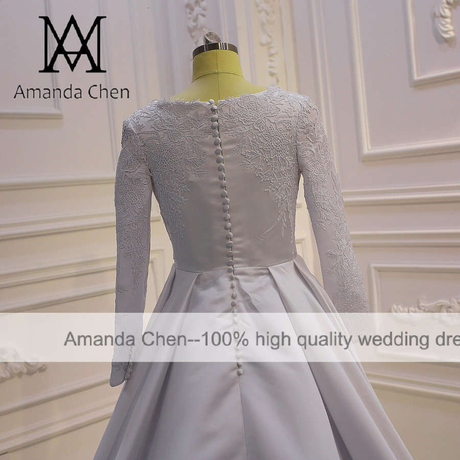 Simple A-e Lace Applique Satin Pure White Wedding Dress