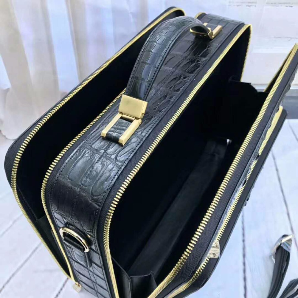 2018 new 100% genuine real crocodile leather head skin men shoulder cross body bag with top handle zippers closure brown black