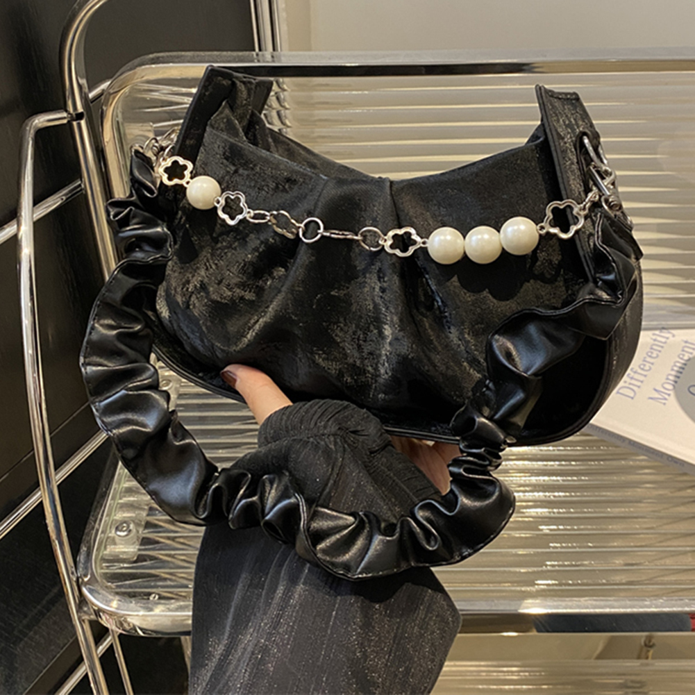 Women Ruched Shoulder Bag with Pearls Pleated Crossbody Bag Detachable Strap Simple Underarm Bag Ladies Leisure Handbag