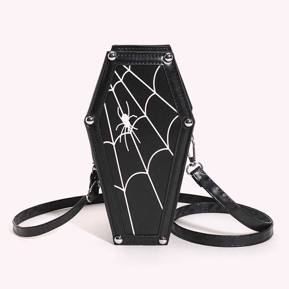Women Cosplay Cosmetic Bag PU Leather Coffin Gothic Cobweb Bag Adjustable Strap Halloween Gift for Female