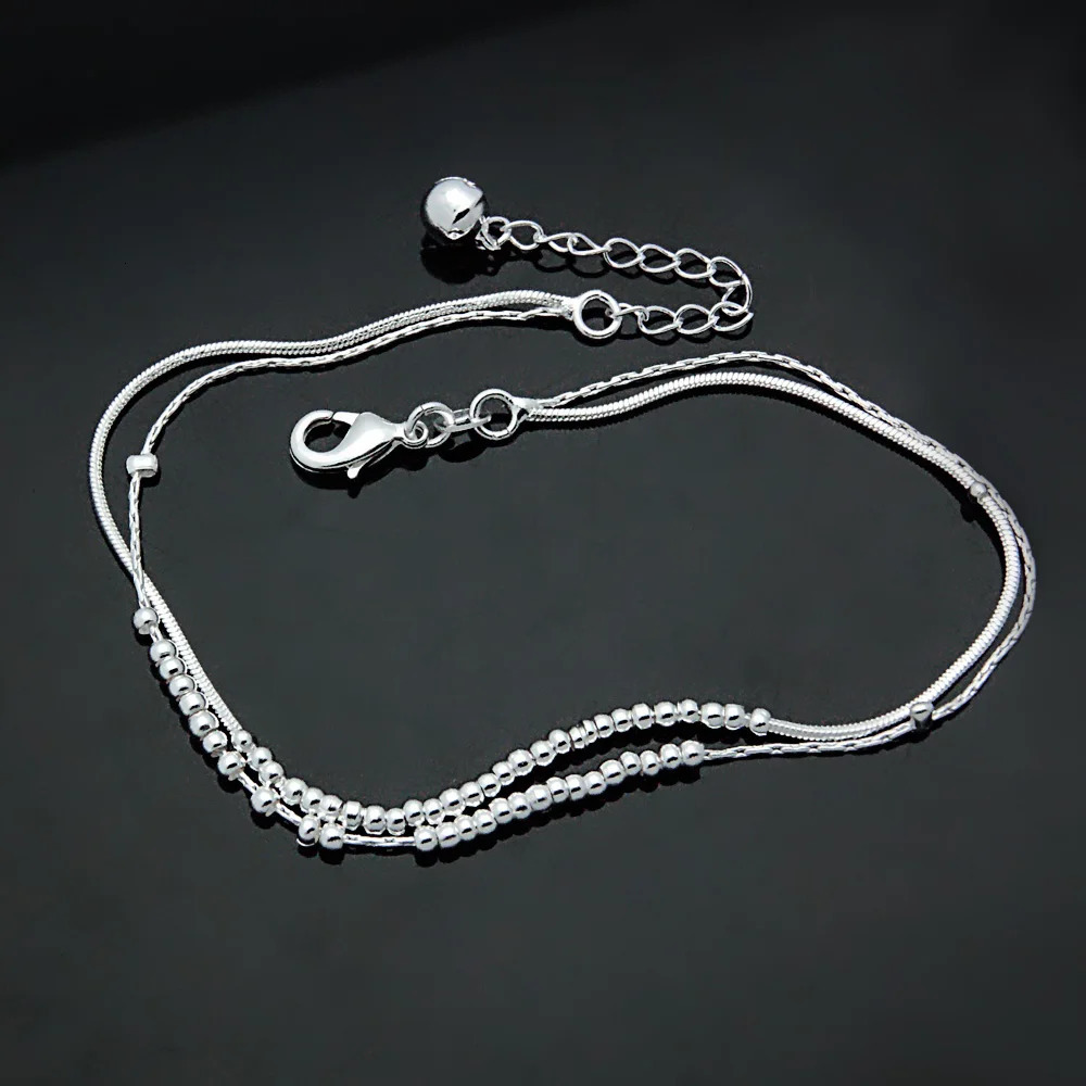 Womens summer 925 silver double bead ankle bracelet beach party jewelry sandals ankle bracelet silver bracelet girls birthday gift Tornozeleira 241107