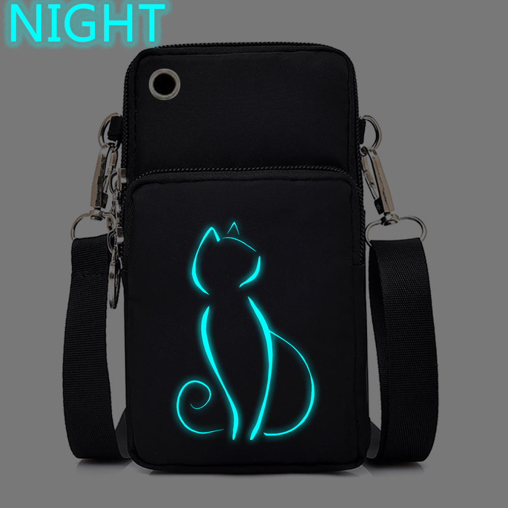 New Cartoon Cat Mobile Phone Bag Women Luminous Messenger Bag Hanging Neck Purse Vertical Handbag Funny Cats Mini Crossbody Bag