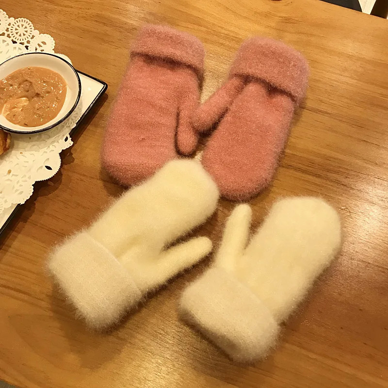1 pair of winter knitted womens gloves warm and thick with connected fingers womens plush Korean solid full finger cute mink velvet gloves 241107