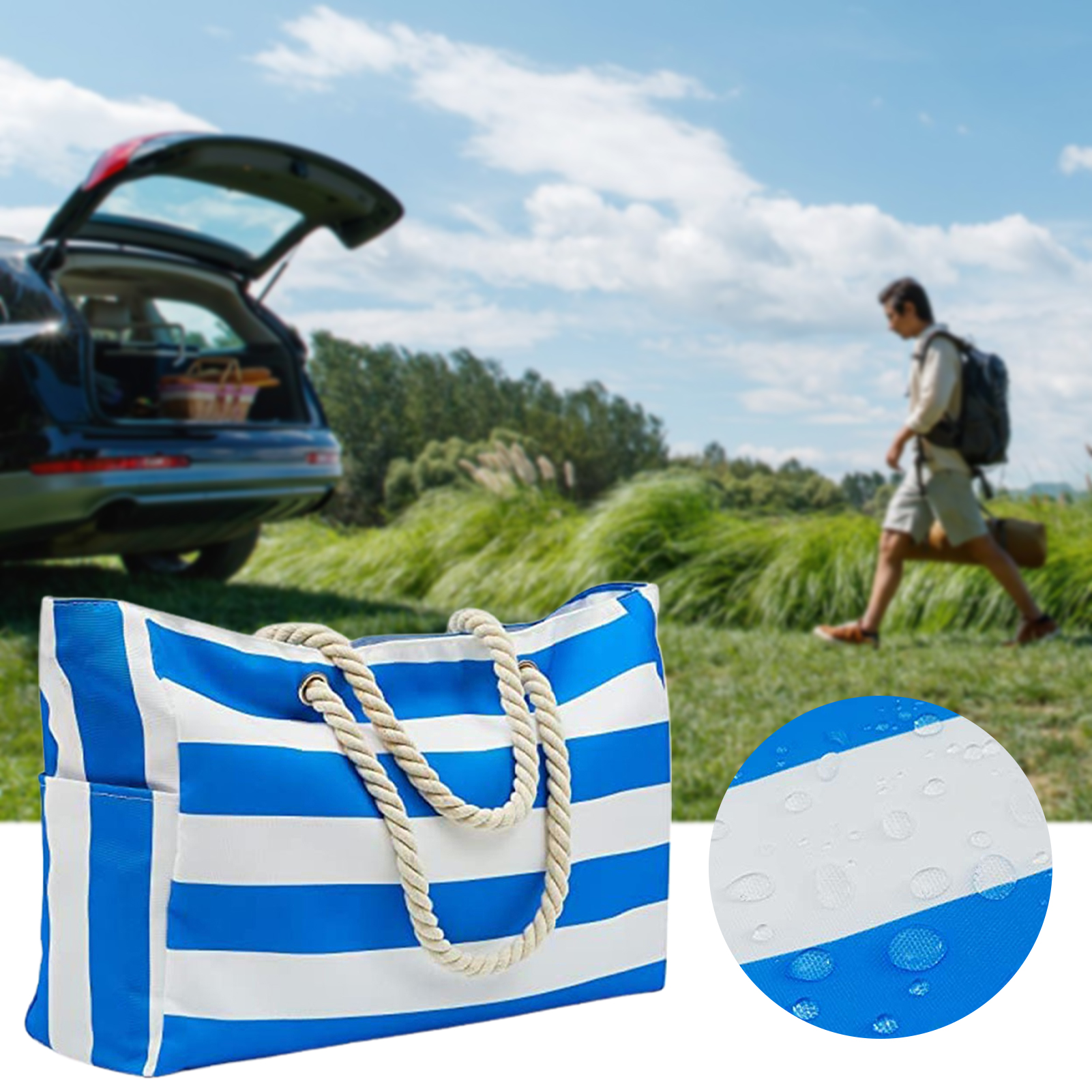 Women Beach Bags Large Waterproof Stripe Printed Tote Handbag Casual Shoulder Bags Sandproof Swim Pool Bag For Travel Shopping