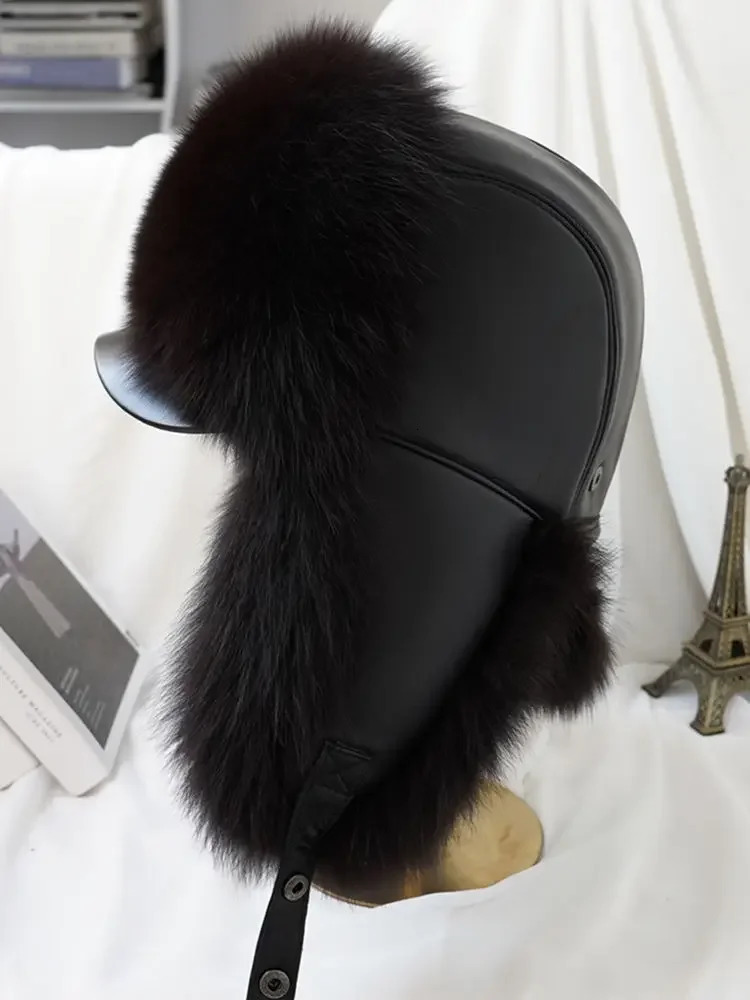 Winter Mens 100% Real Silver Fox Fur Bomber Hat Raccoon Fur Usanka Hat Catcher Russian Mens Ski Hat 241106