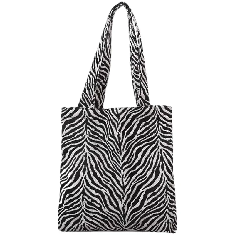 Vintage Women Shoulder Bag Creative Zebra Stripes Canvas Tote Handbags Large Capacity Underarm Bag Female Travel Shopping Bags