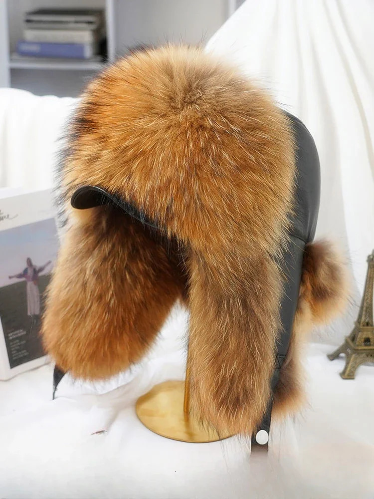 Winter Mens 100% Real Silver Fox Fur Bomber Hat Raccoon Fur Usanka Hat Catcher Russian Mens Ski Hat 241106