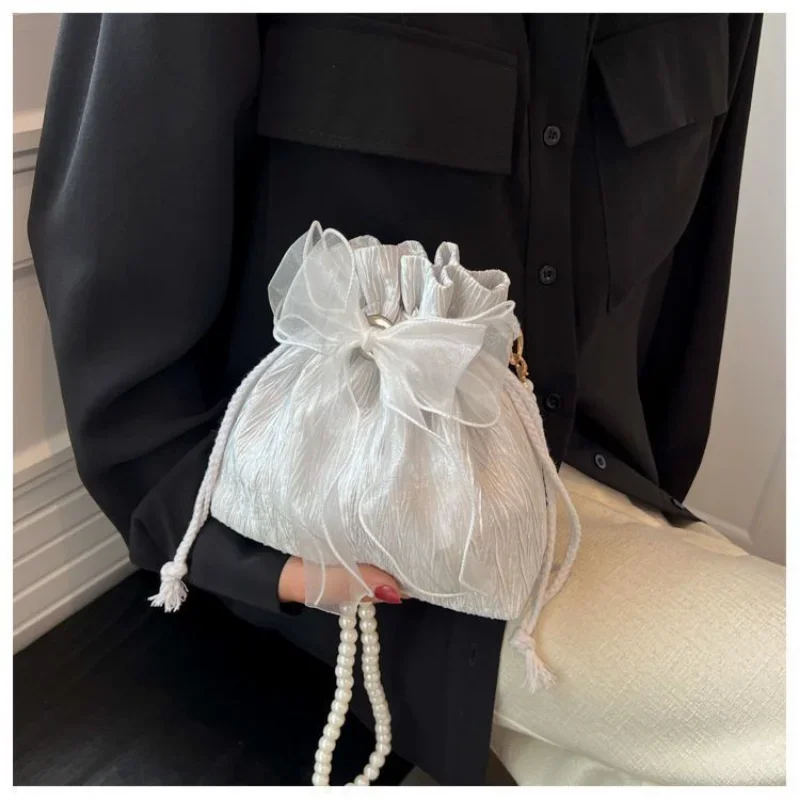 Lace Bow Bucket Crossbody Bags for Women Fashion Sweet Pearl Beading Pouch Ins Ladies Shoulder Handbags All-match Fairy Simple