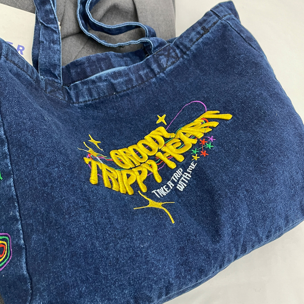 Denim Shoulder Bag Large Capacity Embroidered Tote Bag Retro Fashion Handbag Aesthetic Hobo Bag for Women and Girls