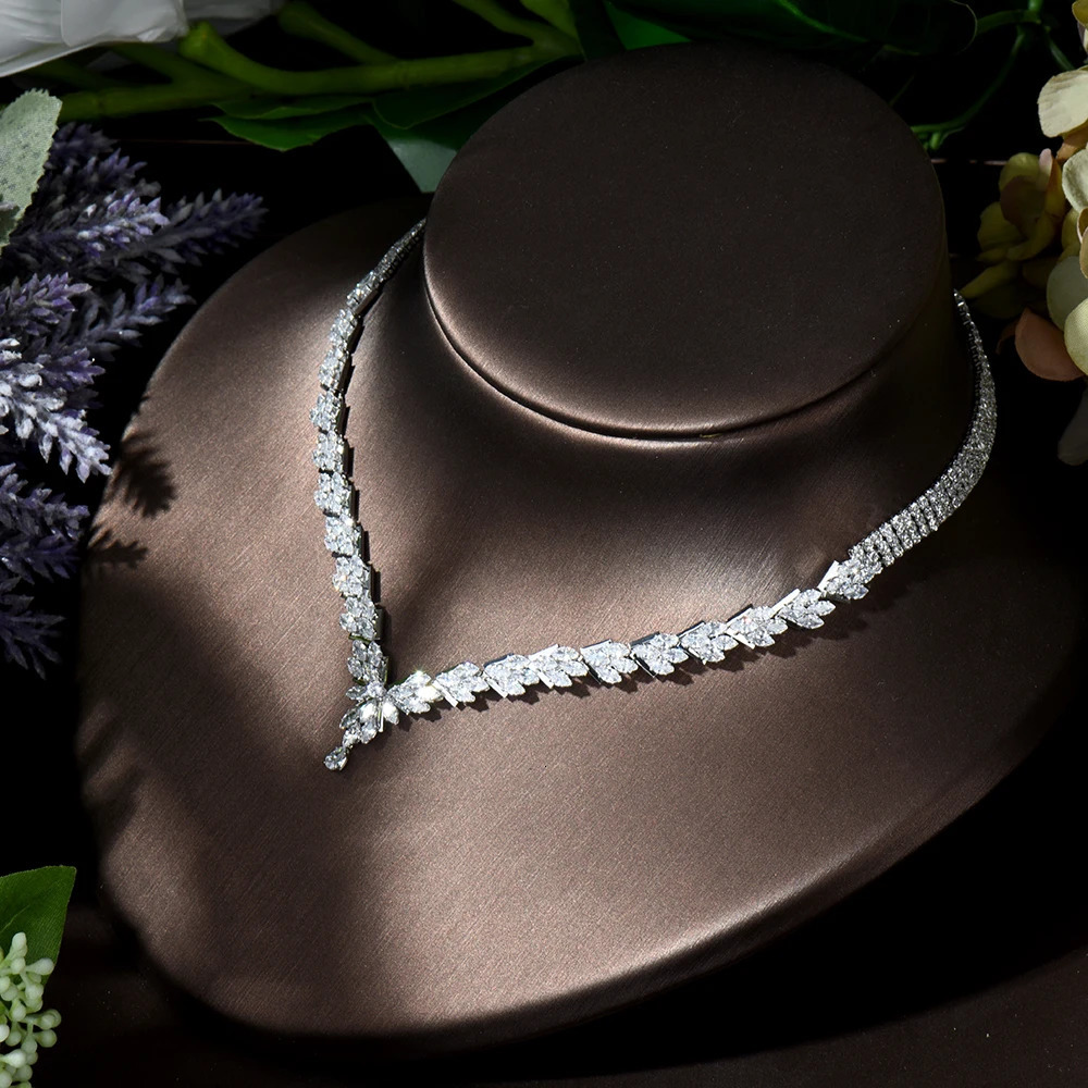 HIBRIDE Fashion Leaf n 4-piece CZ female bride wedding jewelry set earrings necklace set parrure bijoux female Mary N-119 241106