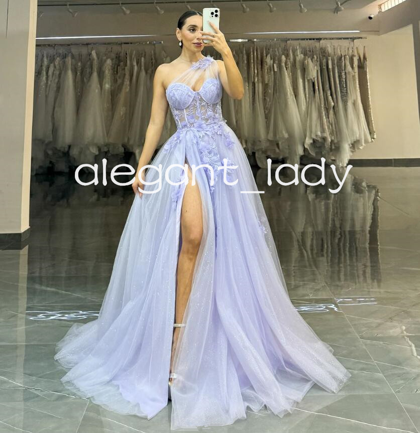Lilac Lavender Princess Evening Formal Dresses 2025 One-shoulder High Slit Floral Corset Prom Occasion Gown Customsized