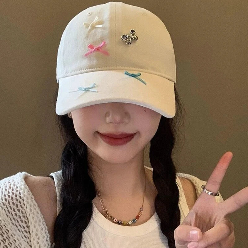 Korean Ins baseball cap womens Y2K girls colorful bow leather hat summer adjustable cotton sun hat womens dad hat 241107