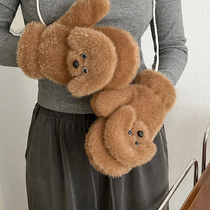 Korean cute cartoon teddy dog double-layer thick warm plush gloves for sports winter outdoor skiing cycling windproof gloves 241107