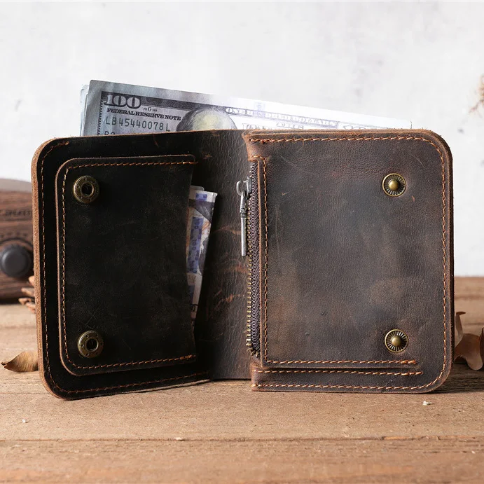 Handmade Vintage Genuine Leather Wallet for Men with Coin Pocket Customized Mens Wallet with Coin Pocket Zipper