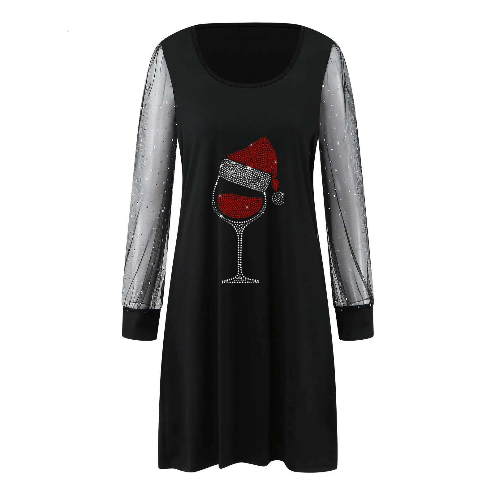 Sequin Mesh Long Sleeve Patchwork Women Dress Christmas Red Hat Wine Glass Print Elegance Party Lady Dresses Cocktail Vestidos 241107